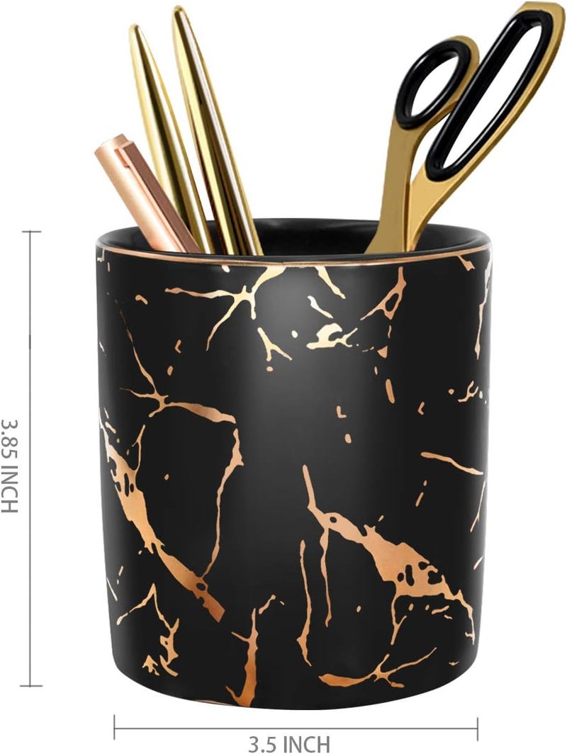 WAVEYU Pencil Cup, Pen Holder for Desk, Pen Pencil Stand Holder for Desk, Office Desk Organizer for Girls Women Kids Ceramic Glitter Marble Makeup Brush Holder, Black (Upgrade Style) - Image 2